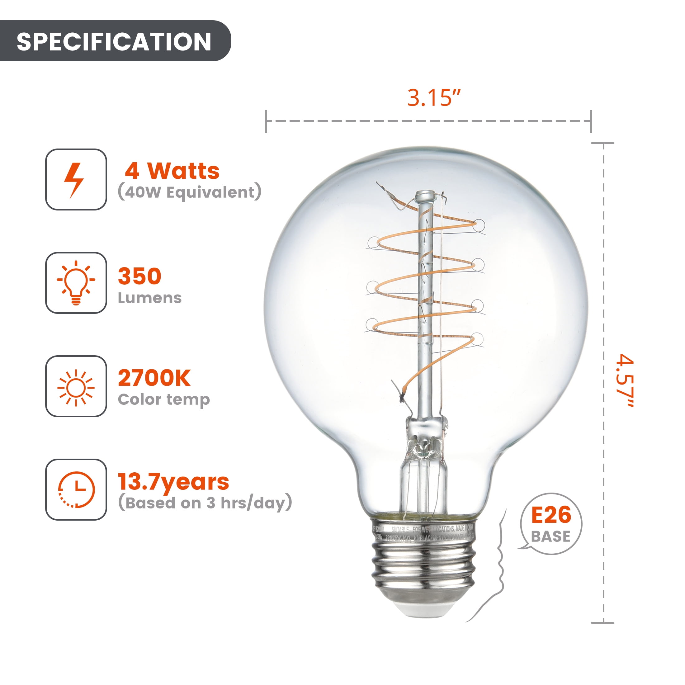(2 pack) Better Homes & Gardens G25 LED Vintage Light Bulb, 4 Watts (40W Equivalent), Soft White, Thin Filament, E26, 2PK