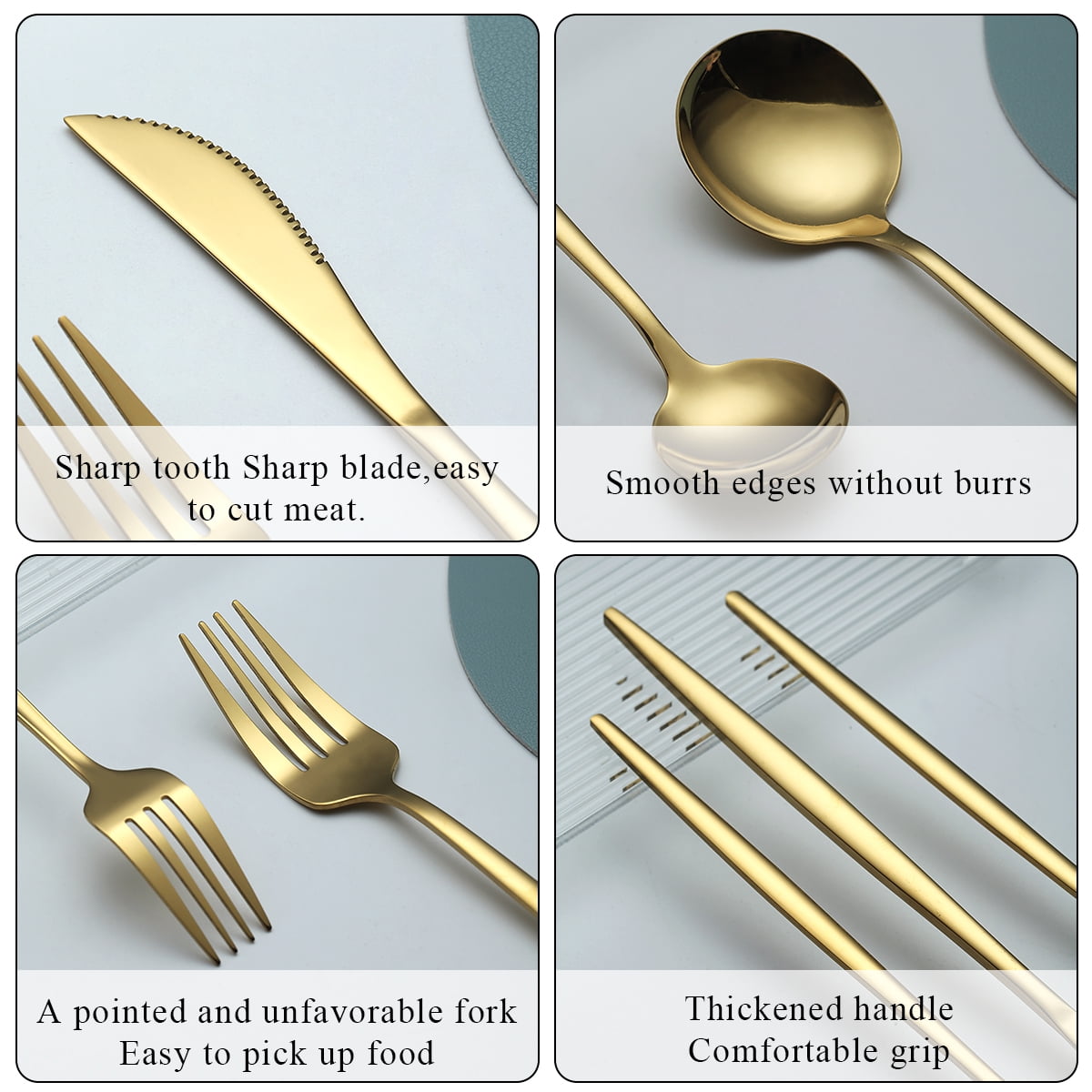 ReaNea Gold Silverware Set 60 Piece Stainless Steel Flatware Set, Knives Forks Spoons Cutlery Set Service for 12