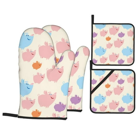 

Oven Mitts and Pot Holders 4 pcs Set Artistic Cute Cartoon Pig Heat Resistant Pot Holders Oven Mitts for kitchen Non-Slip Hanging Loop Oven Glove Potholders for Baking Cooking