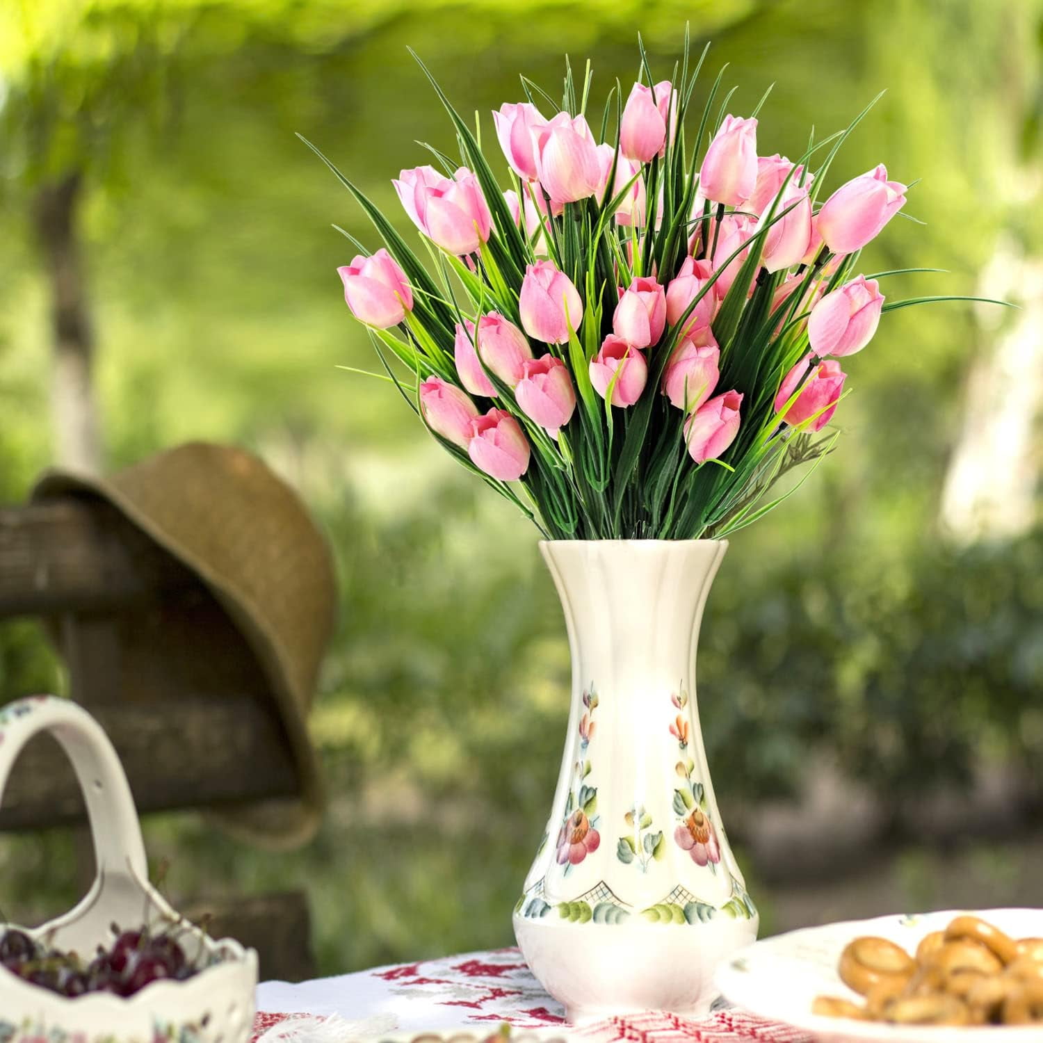 Morttic 8 Pcs Tulips Artificial Flowers for Outdoors, Fake Plants Faux Plastic Silk Floral Arrangement for Home Indoor Outside Table Vase Garden Spring Decor