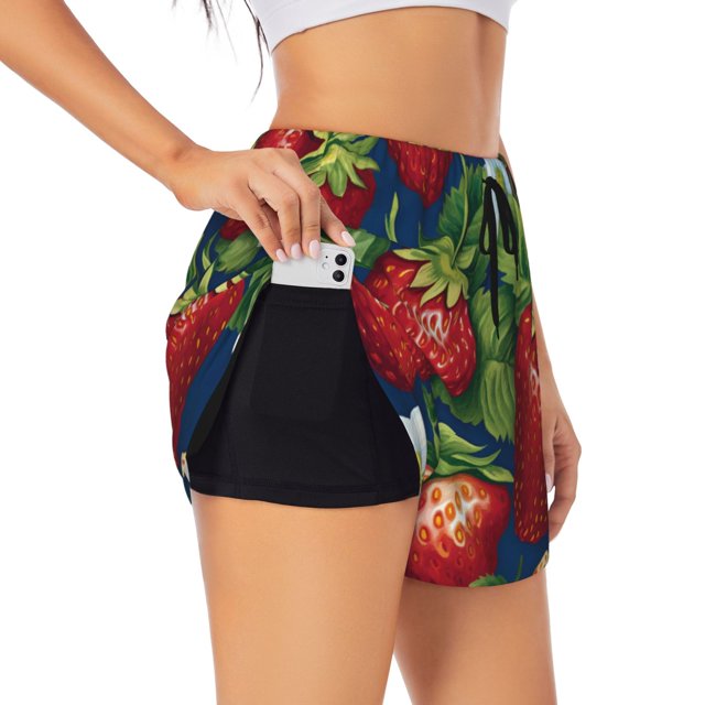 Balery Strawberry2 Pantalones cortos deportivos para mujer con forro y dos bolsillos, elásticos, para entrenamiento, gimnasio, yoga-Medium