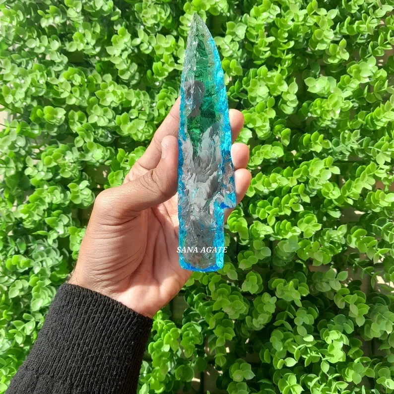 Aqua Obsidian Glass Hunting Knife Décor – Crystal Athame Display Dagger Ornament