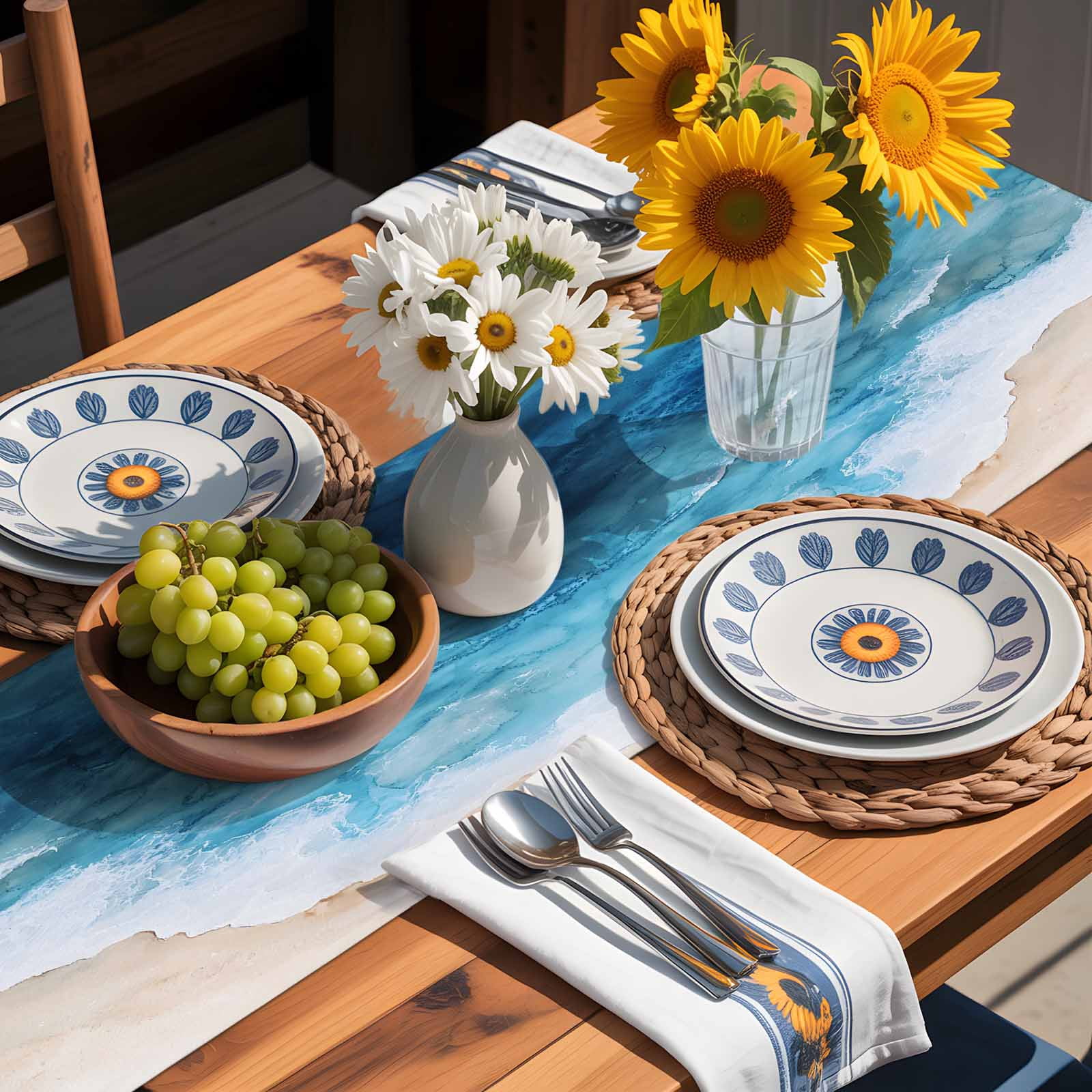 Blue Waves Summer Beach Table Runner 90 Inches Long, Gradient Water Ripples Table Runners Tabletop Scarf Kitchen Dining Tables Decoration for Home Party Indoor Outdoor