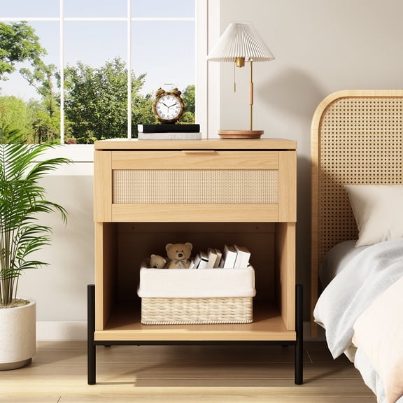 BUPPLEE Nightstand Set of 2 with Rattan Drawer & Open Shelf, 19.7" Boho Bedside Tables with Metal Legs for Bedroom, Living Room