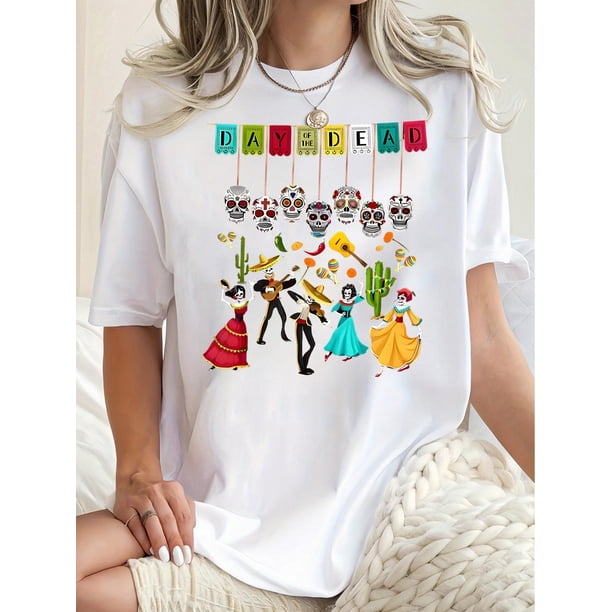 Camisetas de verano para mujer, manga corta, cuello redondo, casual, lindo, con gráficos, camisetas básicasWomen's Fun & Colorful Skull Graphic Tee - Casual Crew Neck Short Sleeve T-Shirt, Stretchy