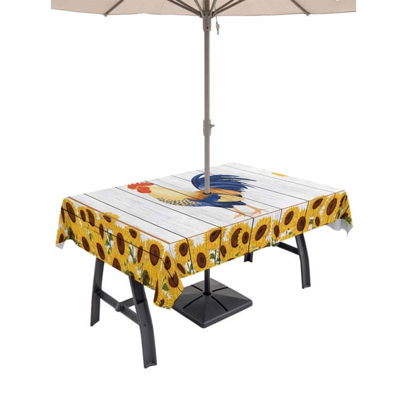52x70 Inch Outdoor Tablecloth with Umbrella Hole Zipper Rectangle Rustic Rooster Rectangular Tablecloths Waterproof Farmhouse Yellow Sunflowers Country Wood Grain Patio Table Cloth Cover for Picnic