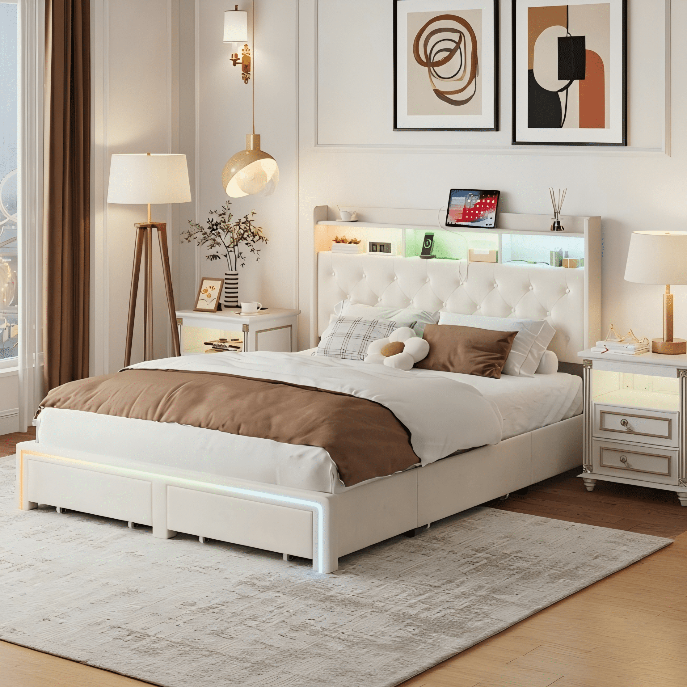BSHTI QUEEN Size Beige Velvet Upholstered Platform Bed Frame with LED Storage Headboard, Charging Station, Underbed Drawers, Tufted Design, No Box Spring Needed, Modern Bedroom Furniture (Beige)