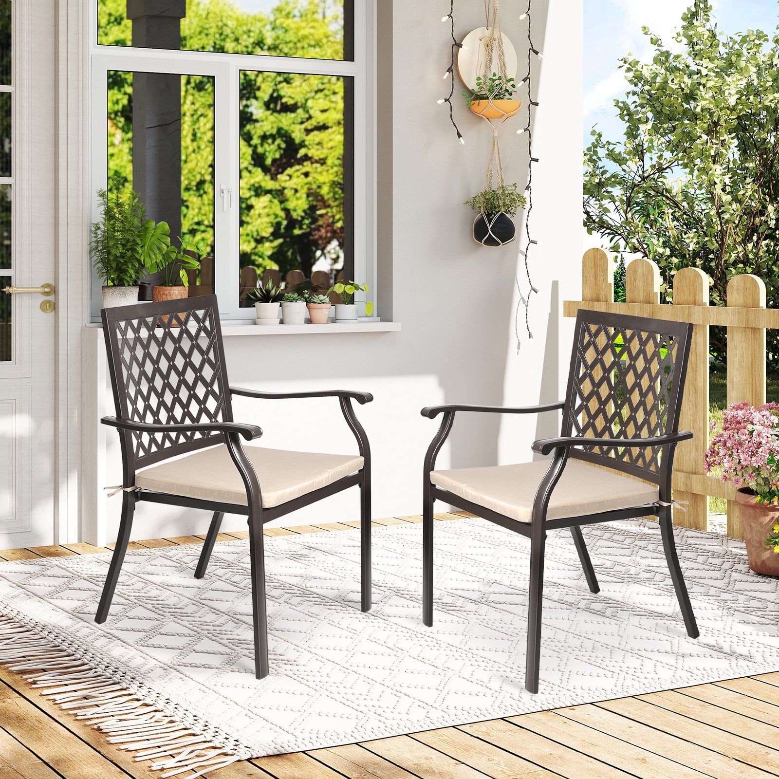 Aoodor Patio Outdoor Dining Chairs Set of 2, Stackable Metal Chairs with Armrests and Cushions for Lawn, Garden, Yard