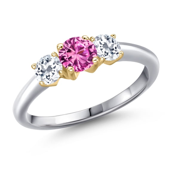 Gem Stone King 10K Two Tone Gold Pink Created Sapphire and White Topaz Engagement Ring for Women | 1.21 Cttw | Round 5MM | Gemstone September Birthstone | Size 9