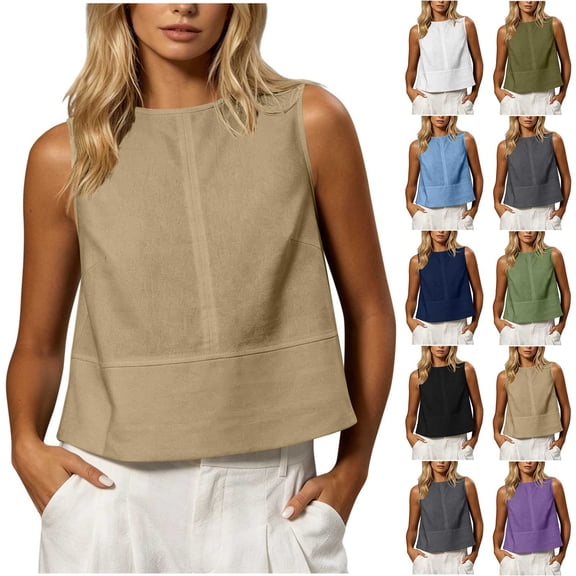 VBVC Women's Cotton Linen Crop Tank Tops , Ladies' Sleeveless Crew Neck Blouses , Casual Summer Basic Camis For Women,Army Green,S-2XL