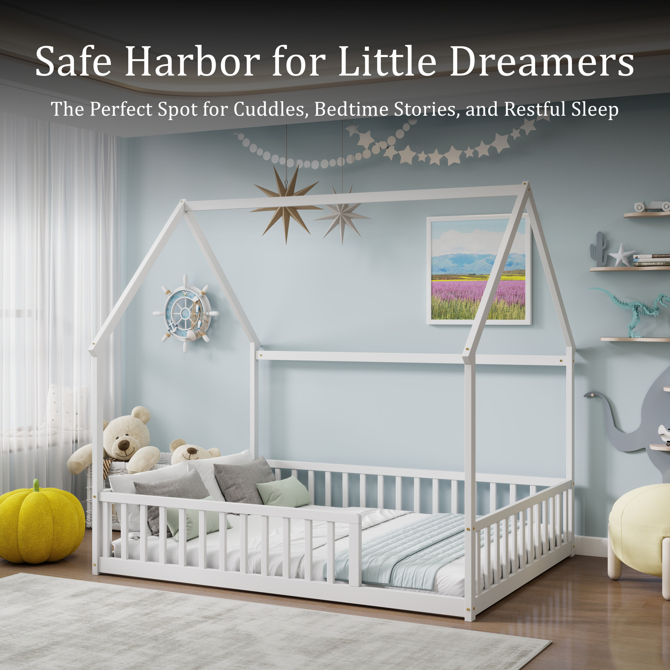 Noble House Morde Full Size House Floor Bed with Gable Roof Frame & Safety Guardrails, Pine Wooden Bed Frame, White