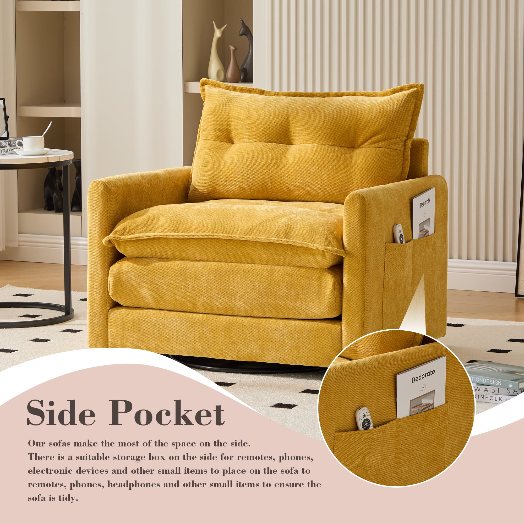 MOOBMISS 360°Swivel Accent Chair, Chenille Upholstered Armchair with Side Pockets & Cushion, Modern Accent Chair with Metal Base for Living Room Bedroom,Mustard Yellow