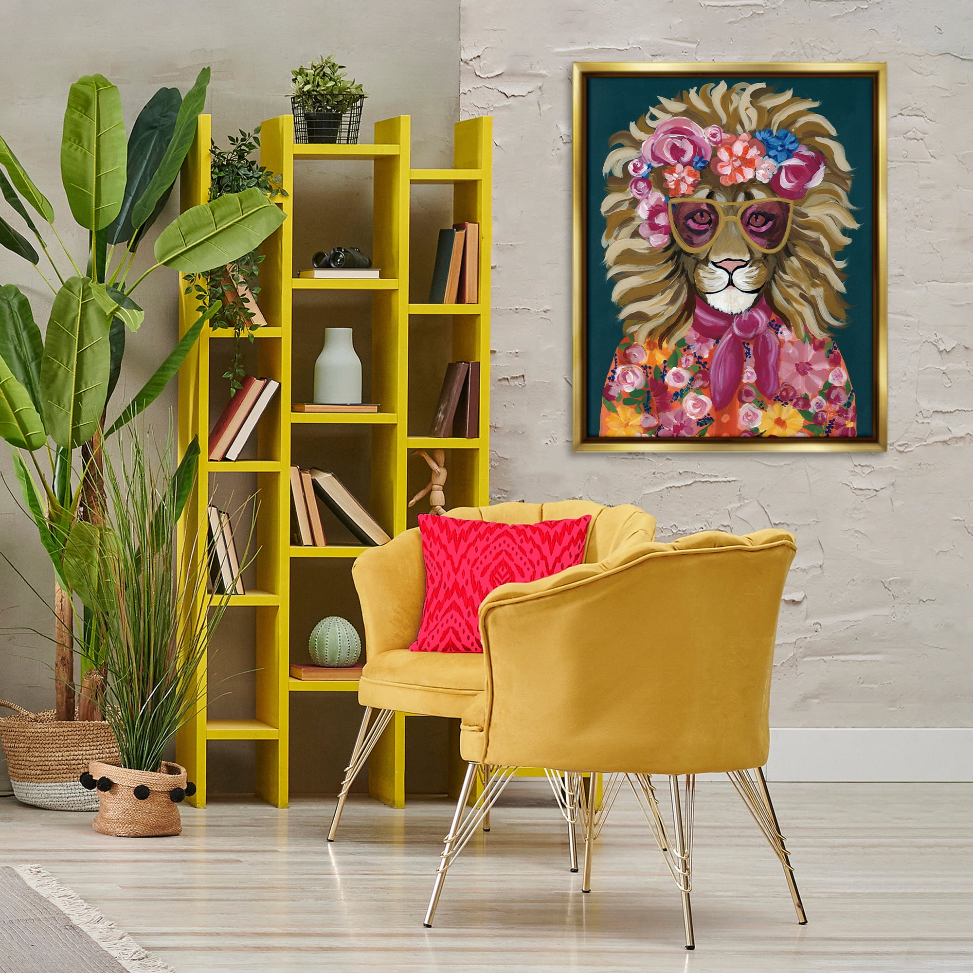 Stupell Industries Miami Living Lion Animals Painting Gold Floater Framed Canvas Art Print Wall Art, 25 x 31