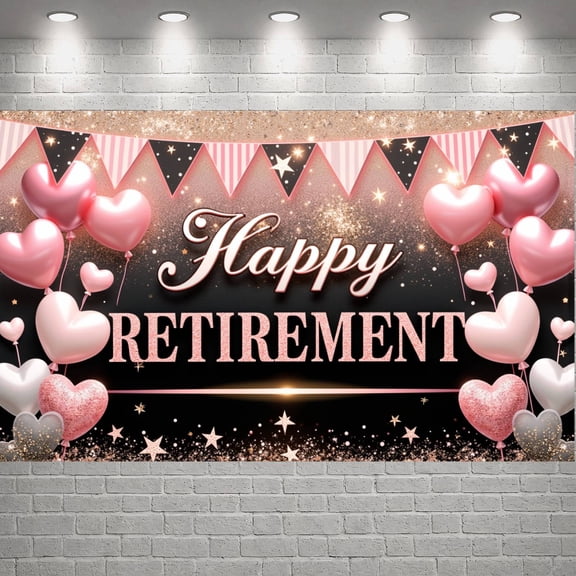 Pink Heart Theme Retirement Banner Gold Stars Design Happy Retirement Display Glittery Black Background Retirement Party Backdrop for Retirement Party Indoor Celebration Photo Shoot