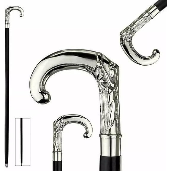 "Vintage Style Walking Stick Cane | Solid Brass Designer Head Handle with Wooden Shaft, 35 Inch (Silver)"