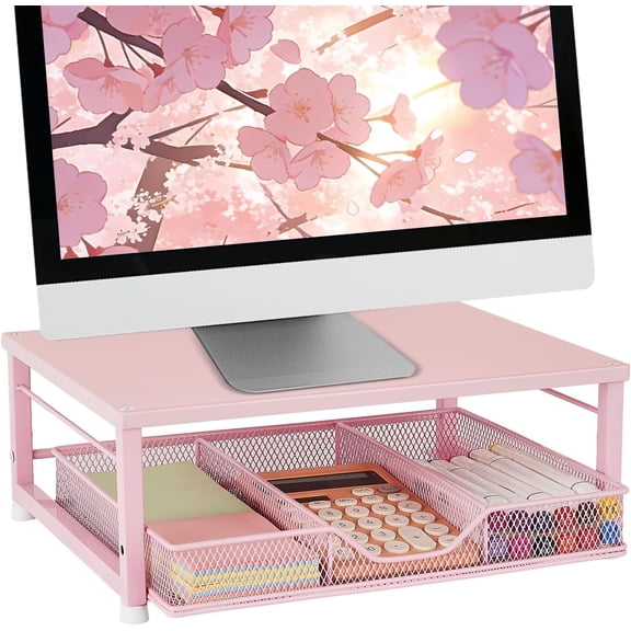 Small Pink Laptop Stand for Desk, Monitor Stand, Office Desk Accessories, Computer Desktop with Drawer Home, Office, School (Pink)