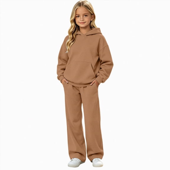 Kakishop Kids 2-Piece Hooded Sweatshirt and Pants Set, Long-Sleeve Casual Sportswear for Boys and Girls (Brown,13-14 Years)
