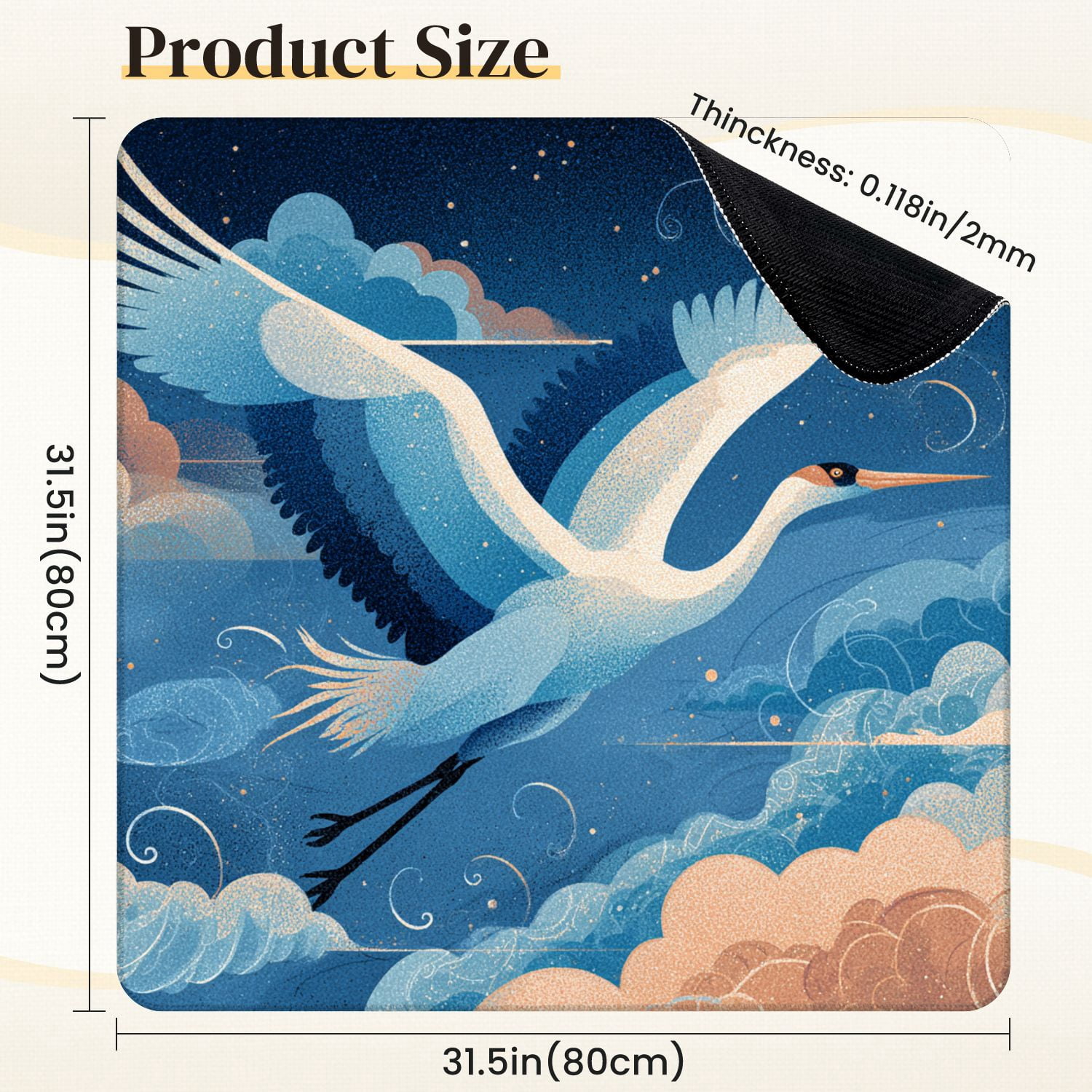 Chinoiserie Mahjong Mat 31.5" x 31.5" Majestic Crane Mid Flight Artwork Non-Slip Noise Reduction Mahjong Tiles Table Cover for Dominoes Poker Card Board and Tile Games