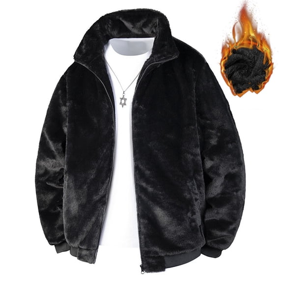 Men's Winter Coat Long Sleeve Fleece Lined Stand Collar Zip Up Jacket with Pockets Black L