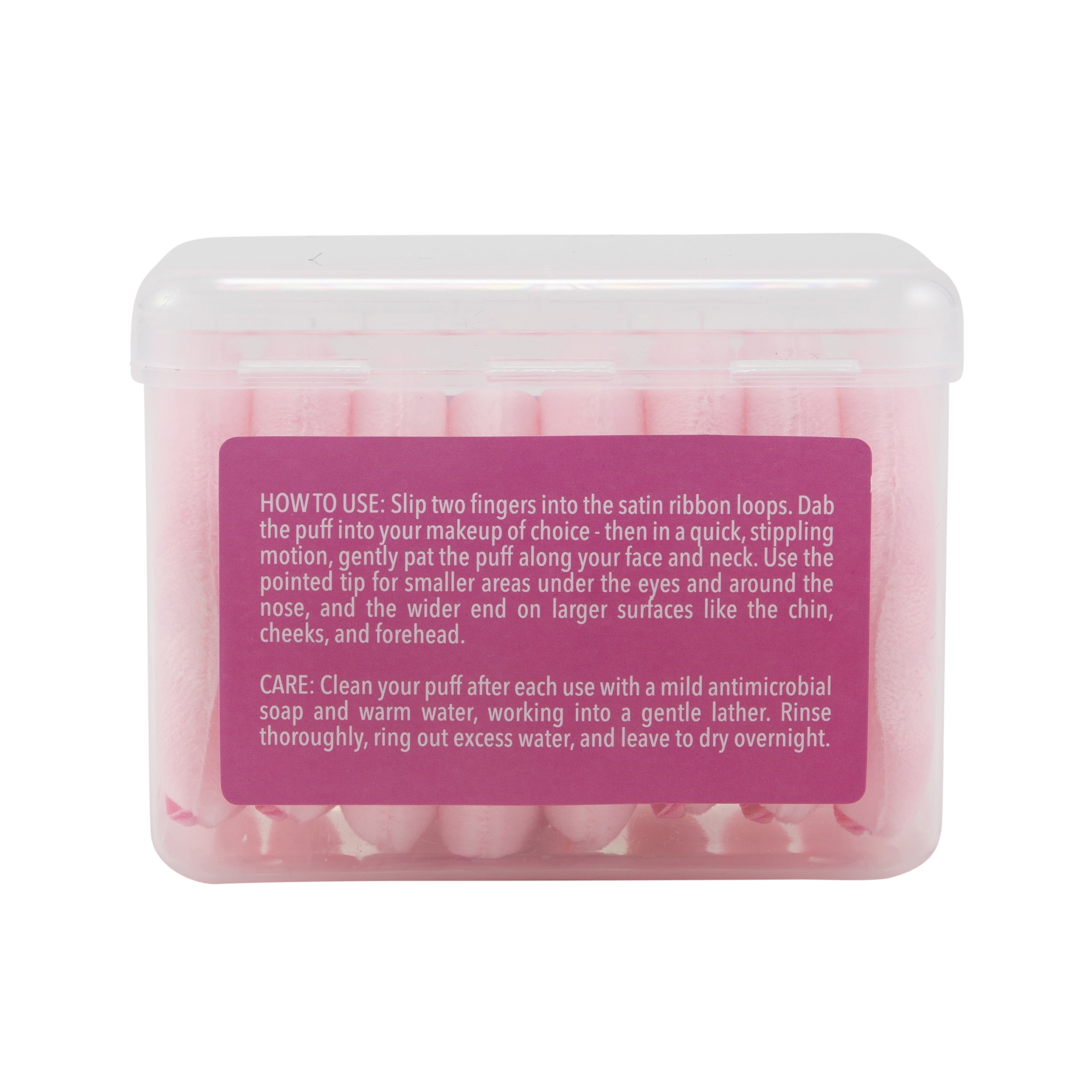 Triangle Puffs 8 pack in Organizer for All Types of Makeup Removal or Application.  Super Soft Puffs with Satin Ribbon Finger Hold, Pink.