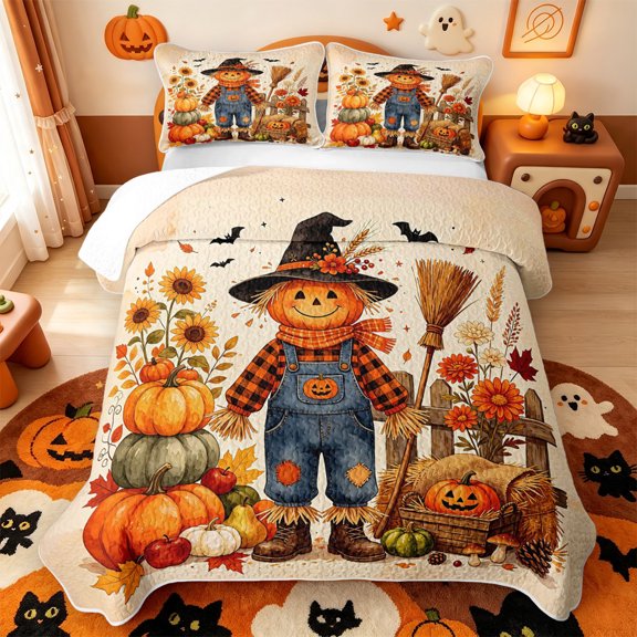 Manfei Classic Halloween Pumpkin Lantern Quilt Full,Cartoon Ghost Full Bedspread Sets,3-Piece,1 Coverlet and 2 Pillowcases