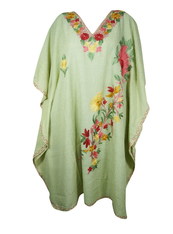 Mogul Women Embroidery Mid Length Caftan Dress V-Neck Kimono Sleeves Resort Wear Cover Up Tunic Kaftan Dresses 2XL