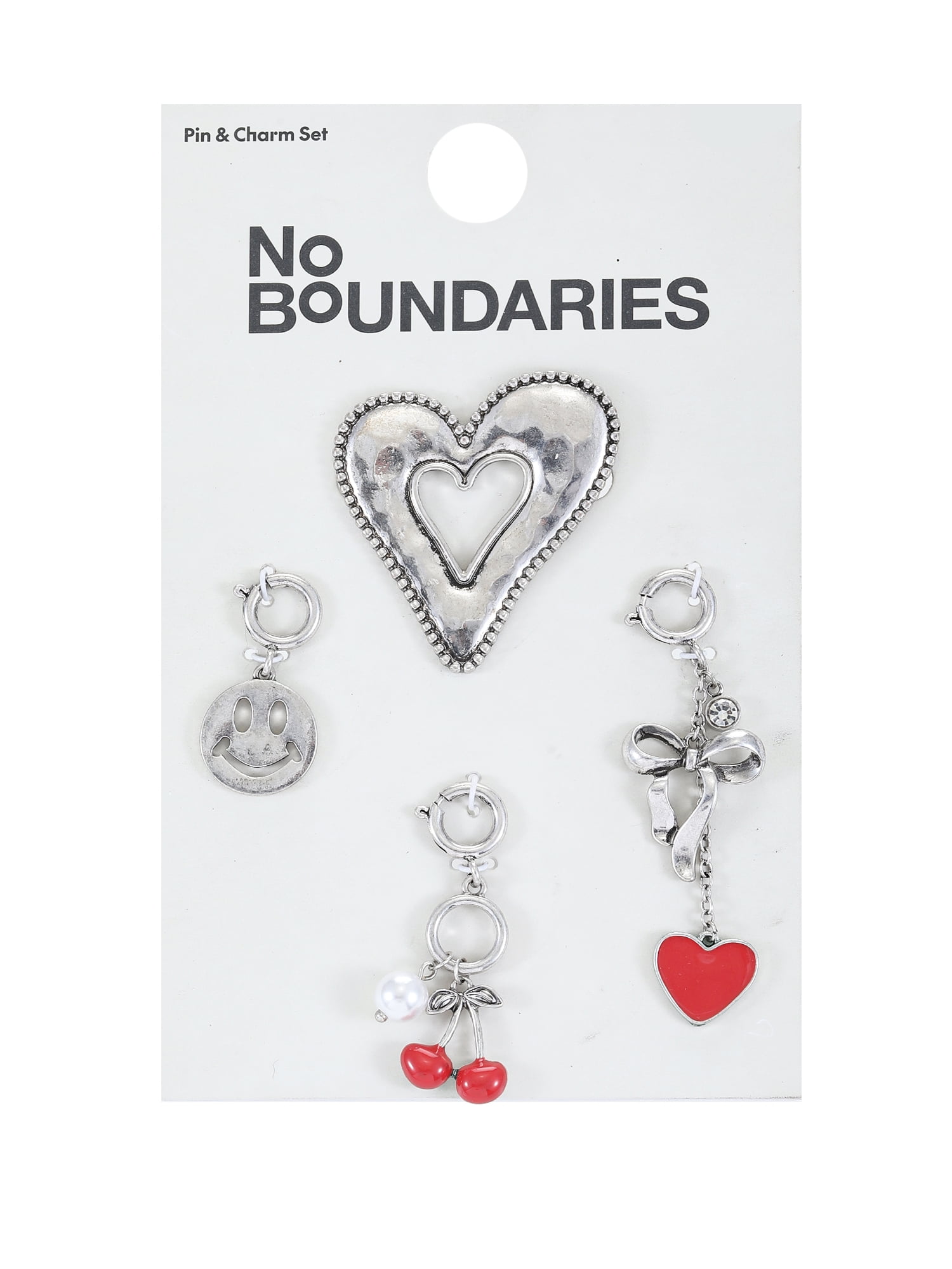 No Boundaries Silvertone Heart Pin and Charm Set, 4 Pieces