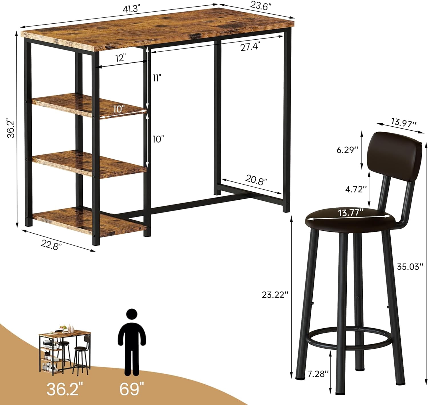 LinkRomat Dining Table Set for 2,3 Piece Pub Table and Chairs Set with Storage Shelves, Small Space Bistro Kitchen & Bar Tables, Counter Height Dining Set, Brown