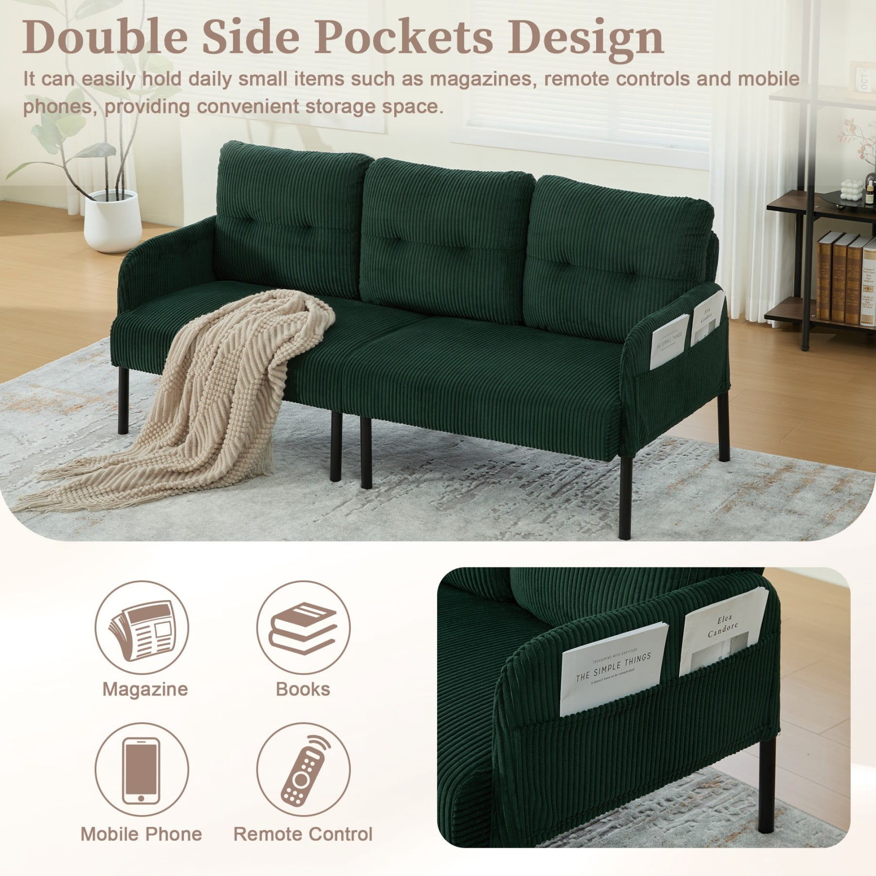 Oversized Loveseat Sofa, Modern Corduroy Upholstered Couch with Side Pockets & Metal Legs for Living Room Bedroom, Emerald
