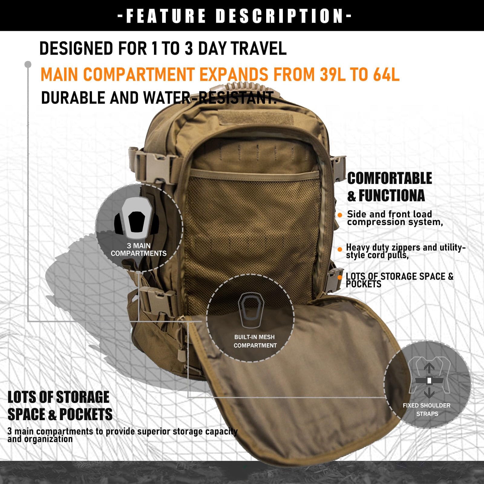 WolfWarriorX Water-Resistant 40 L Backpacking Backpacks, Beige