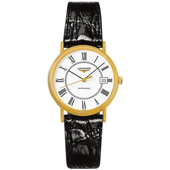 Longines Presence Automatic Yellow Gold PVD White Dial Black Leather Strap Date Mens Watch L4.821.2.11.2
