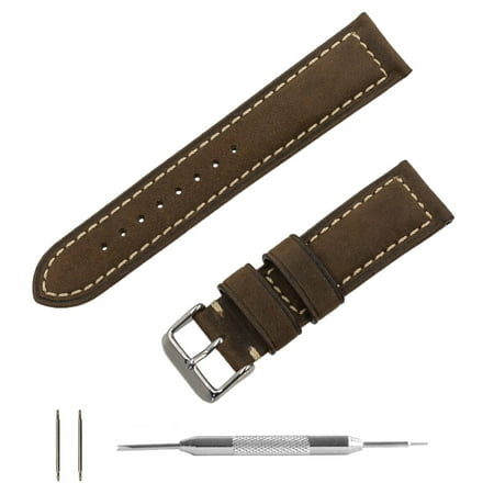 Black Leather Stitched Watch Band (Dark Brown Crazy Horse Oiled Leather Padded Watchband w/ Contrast Stitching + Spring Bar Tool (20 &)
