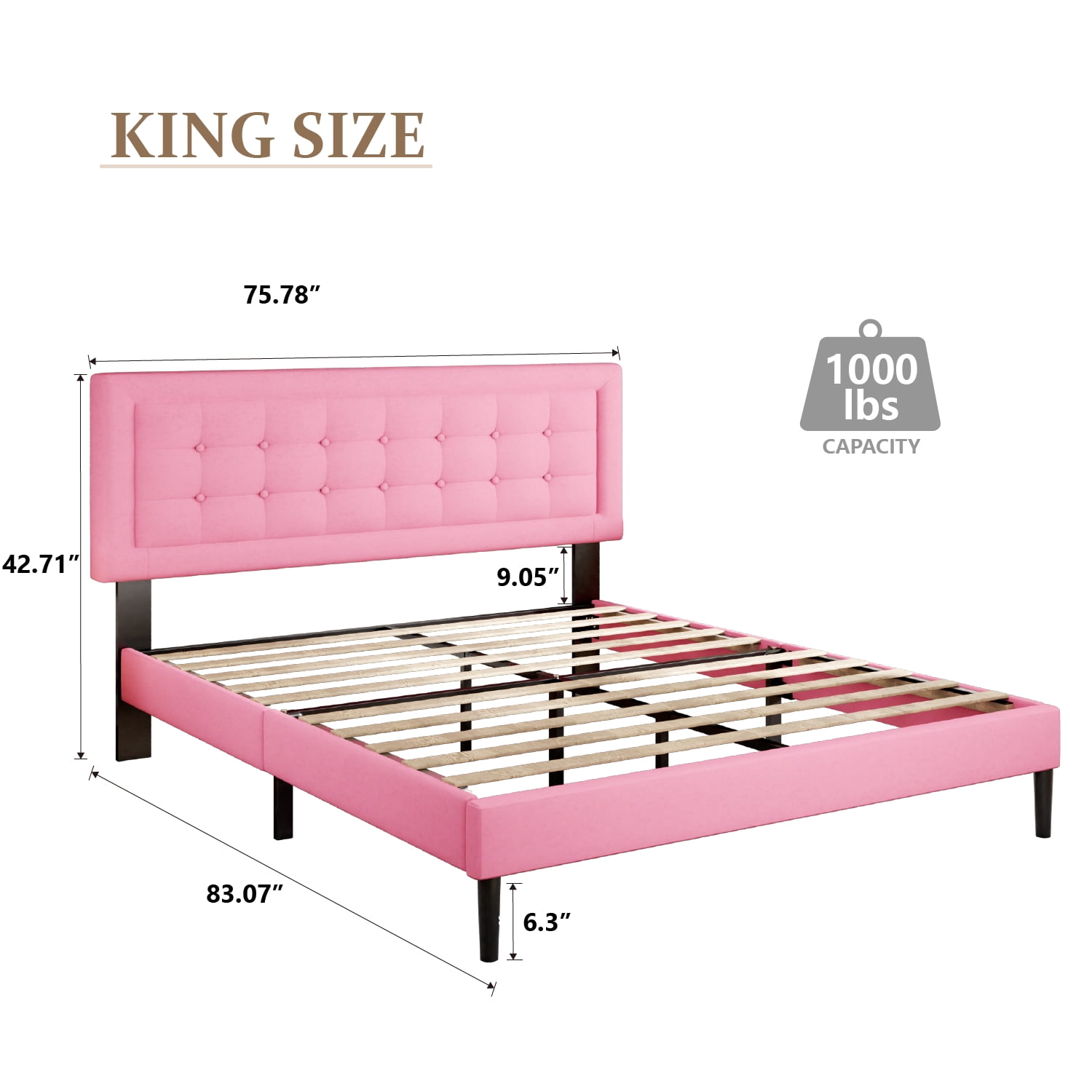 Unizone King Size Bed Frame with Velvet Upholstered Headboard, Button Tufted Design,Wood Slats Support, No Box Spring Needed, Noise Free, Easy Assembly, Pink