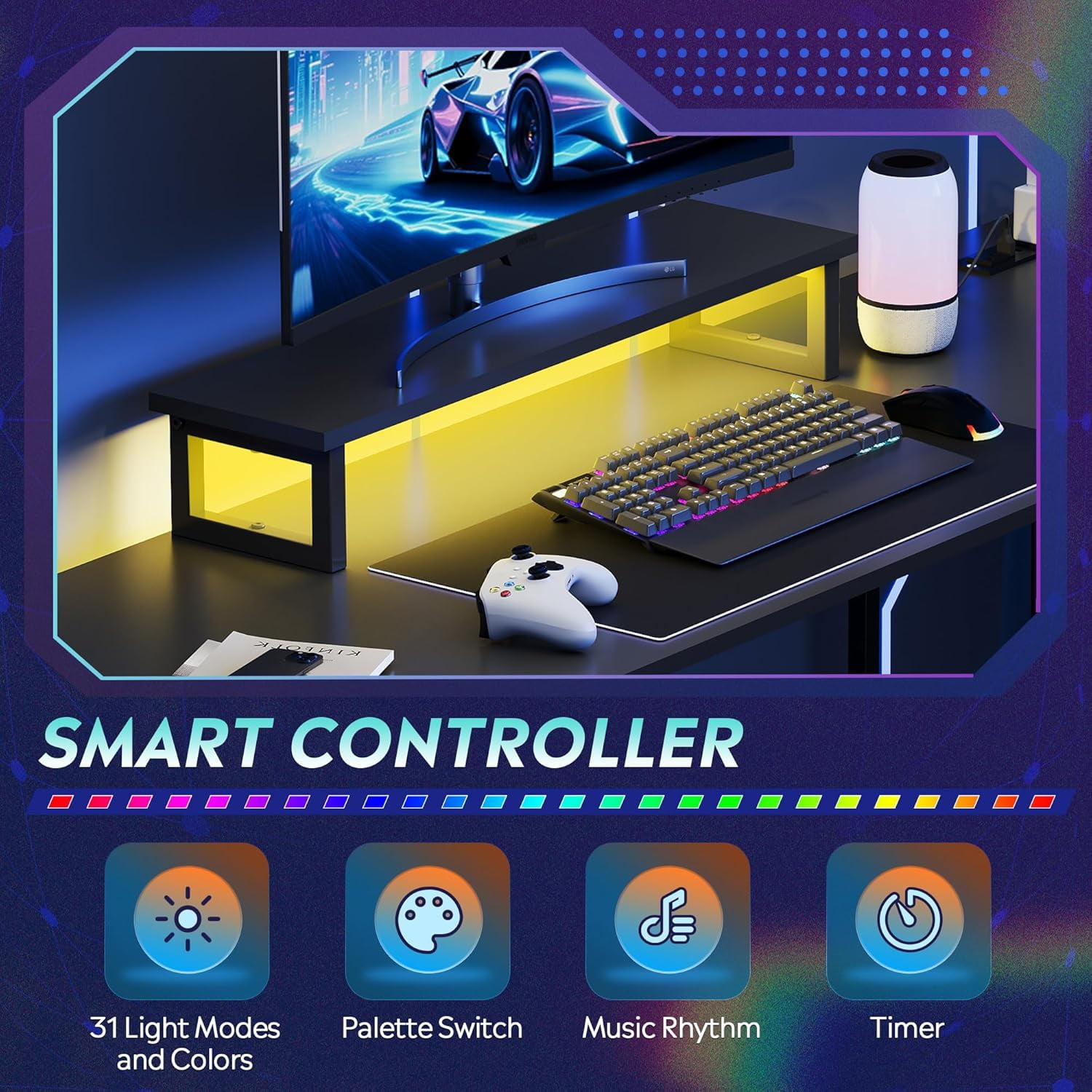 HZAT L Shaped Desk with Drawers, L Shaped Gaming Desk with Power Outlets, LED Lights, Monitor Stand, Computer Table, Large Corner Desk for Home Office (Black, 66 Inch)