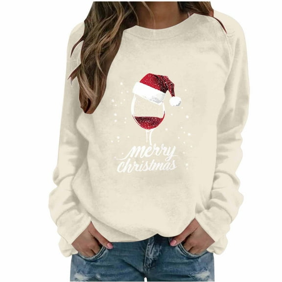MELDVDIB Womens Sweatshirt Christmas Gift Wine Glass Print Fall Winter Long Sleeve Sweatshirt Fashion Casual Oversized Solid Color Crewneck Pullover Tops