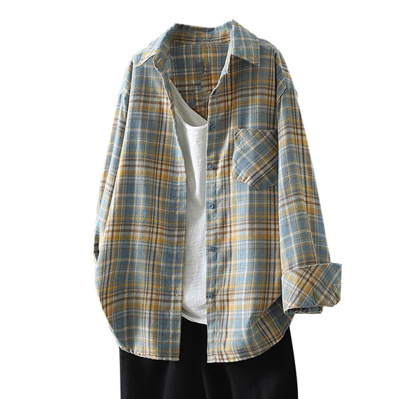 yunLCZ Women's Button Down Shirt Women Long Sleeved Plaid Pocket Shirt