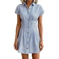 thumbnail image 2 of SAWOBUUN Women Striped Shirt Dress Button Down Short Sleeves Fitted Waist Pleated Casual Summer Mini Dress, 2 of 9