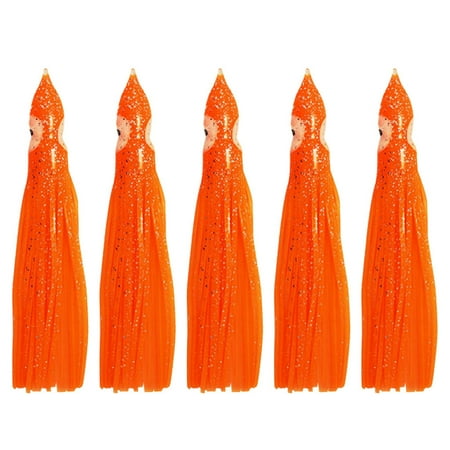 JilgTeok 5PCS Fishing Squid Skirts Fishing Lures Octopus Skirts Fishing Baits Glow Soft Plastic Large Trolling Fishing Lures Saltwater Fishing Tackle (Orange)