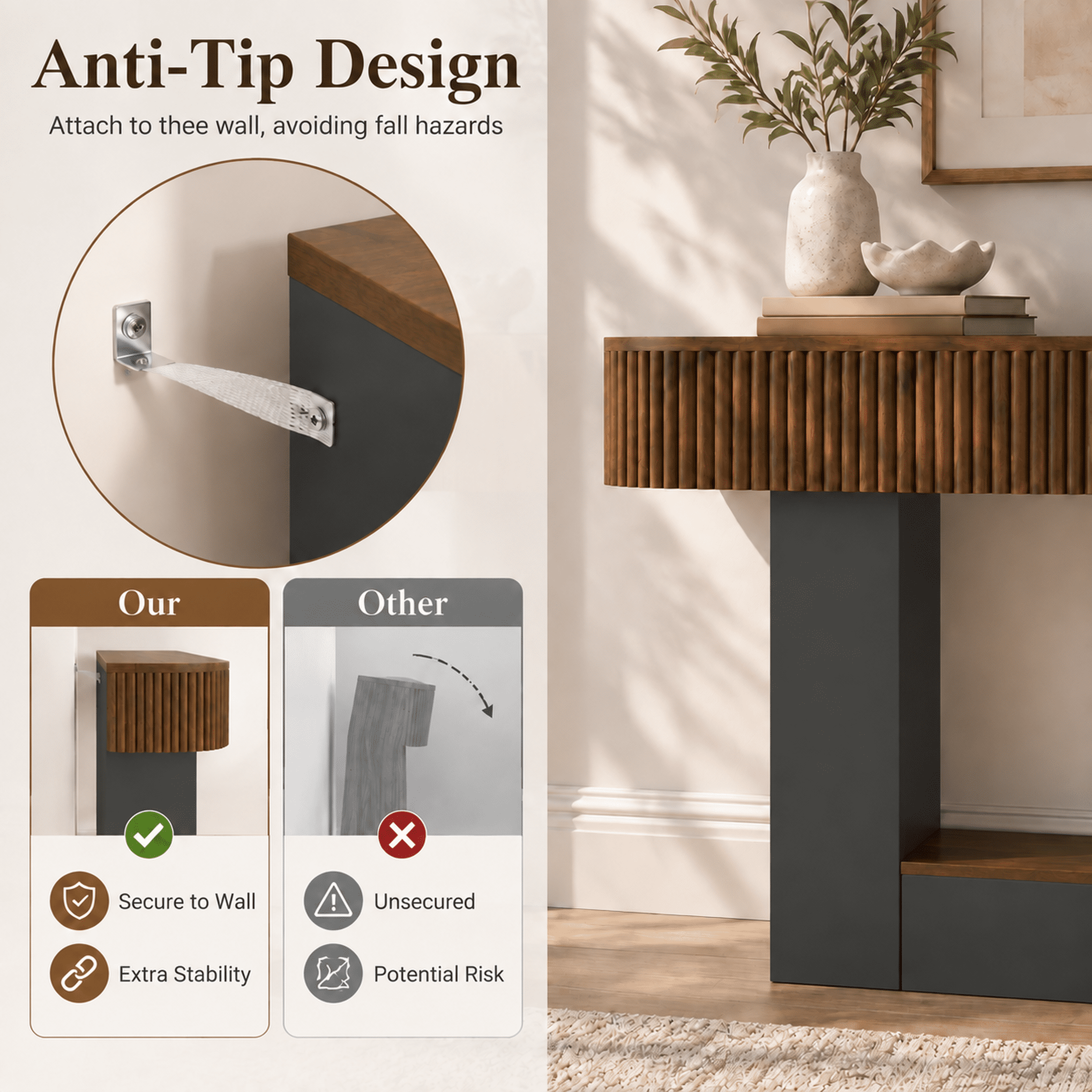 PORKISS 62.9" Console Table with Open Storage, Narrow Long Entryway Table with Rounded Edges, Fluted Sofa Table for Living Room, Hallway, Foyer, Behind Couch, Black + Brown