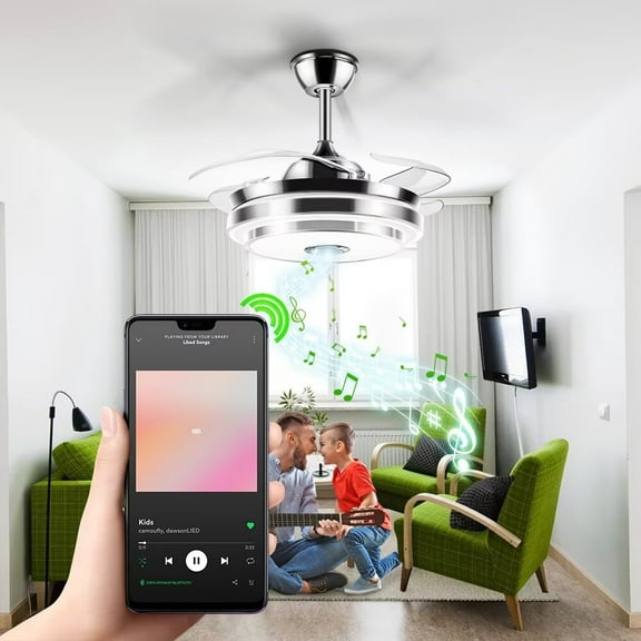 AFANQI 42 Inch Modern 4 Blade Invisible Ceiling Fan Light, Living Room 3 Speed ​​3 Color Bluetooth Ceiling Fan with Remote Control