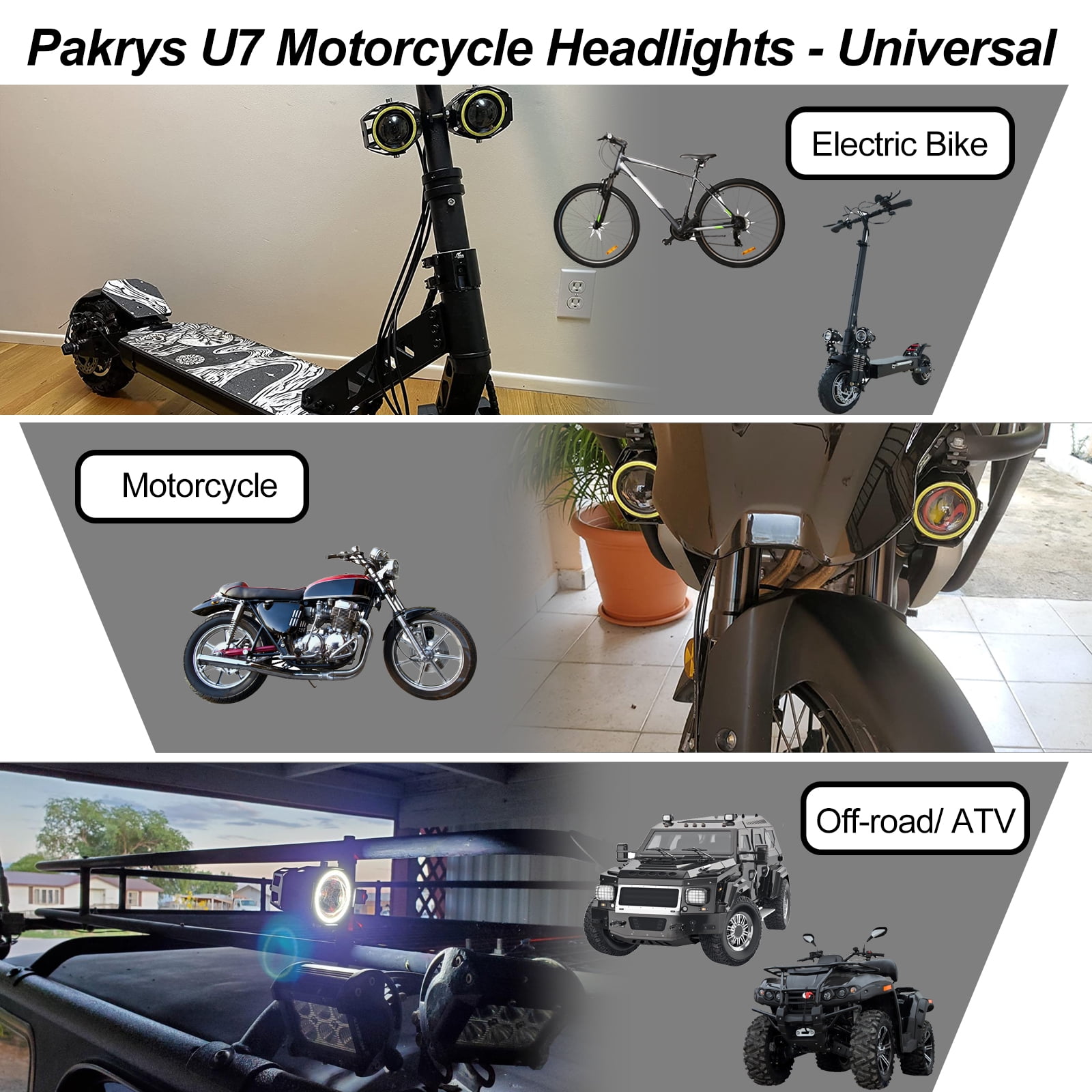 Ueasy U7 Motorcycle Driving Lights with High Low Strobe Beam Halo Rings Switch Clamps Waterproof LED 20W Fog Lights for ATV UTV SUV Electric Bicycle Dirt Bike Truck Car Boat Universal