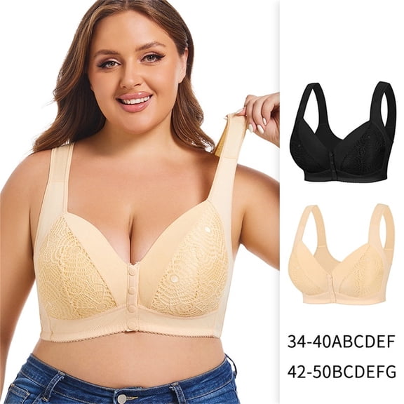 COMVALUE Daisy Lace Bras for Women 2026 Front Closure No Underwire Comfort Senior Wireless Snap Closing Bra (50B, Black)