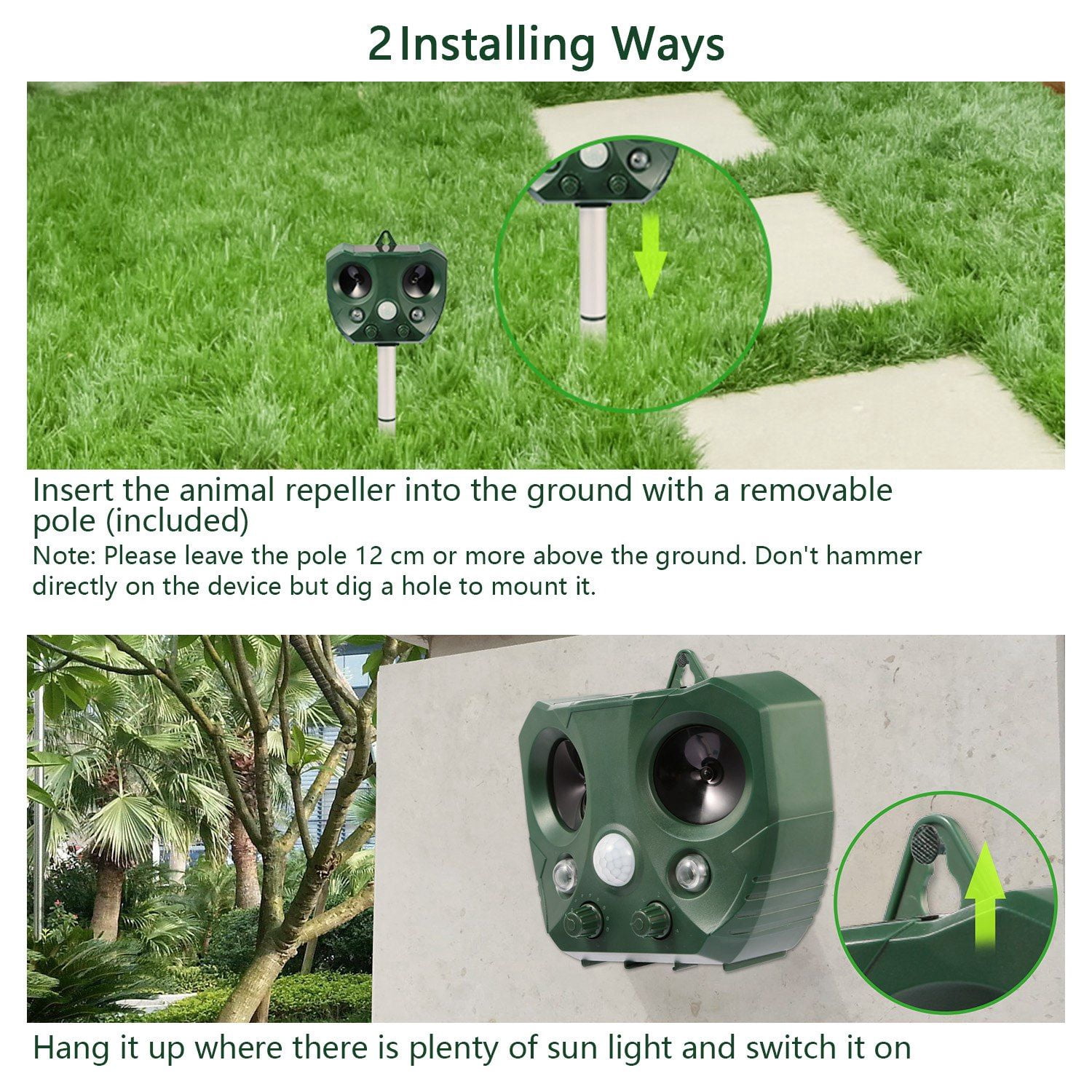 2026 Upgraded Outdoor Animal Repeller, Solar & USB Charging Ultrasonic Deterrent, IPX6 Waterproof with Strobe LED Light, 30ft Detection Range for Bird Mouse Skunk Rabbit Farm Patio Protection