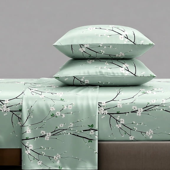 High-Definition Vintage Elegant Plum-Pattern Fitted Sheet, Flat Sheet 4pcs bedding,Deep-Pocket Fitted Sheet(Green,Twin)