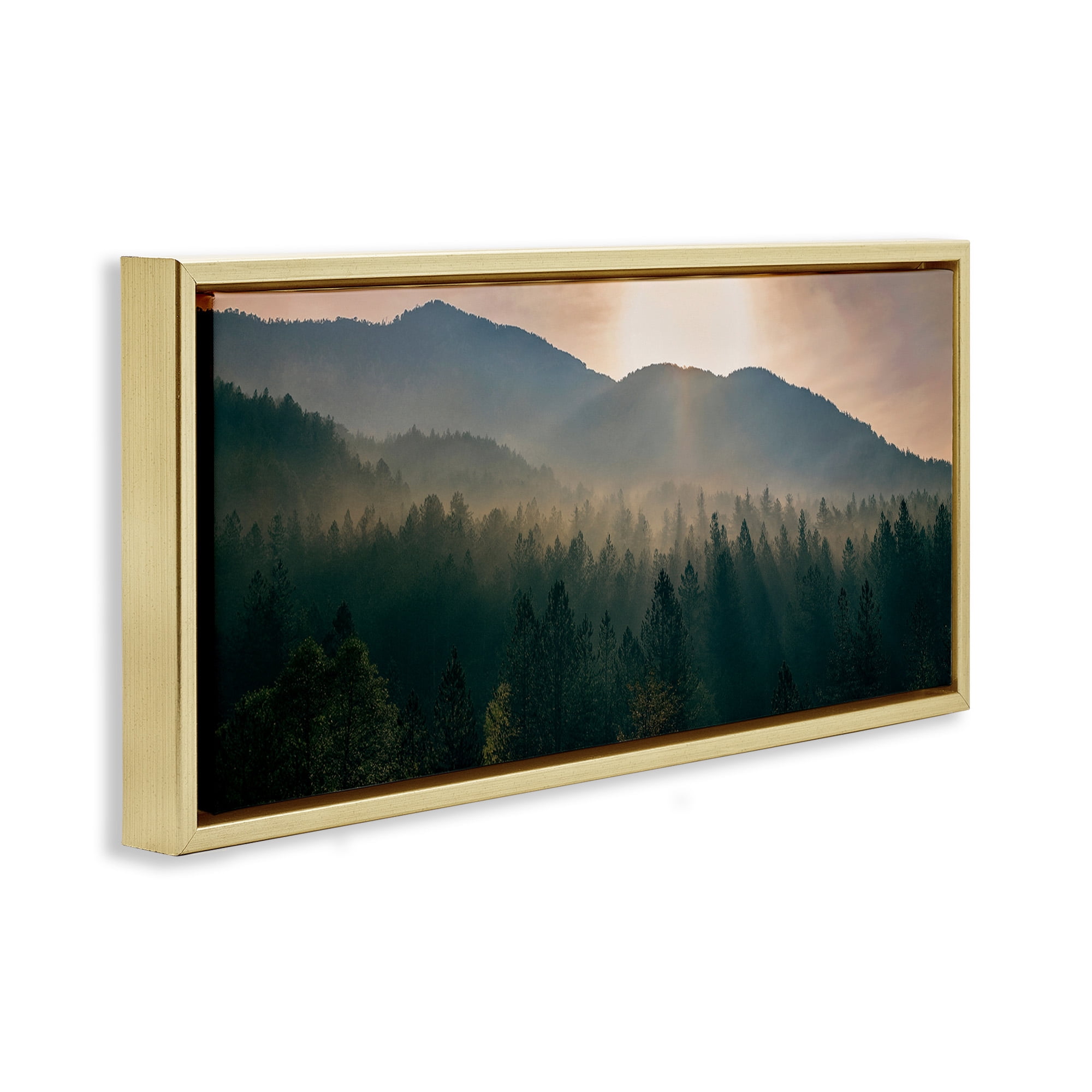 Stupell Industries Morning Sun over Misty Trees Landscape Photography Gold Floater Framed Canvas Art Print Wall Art, 31 x 14
