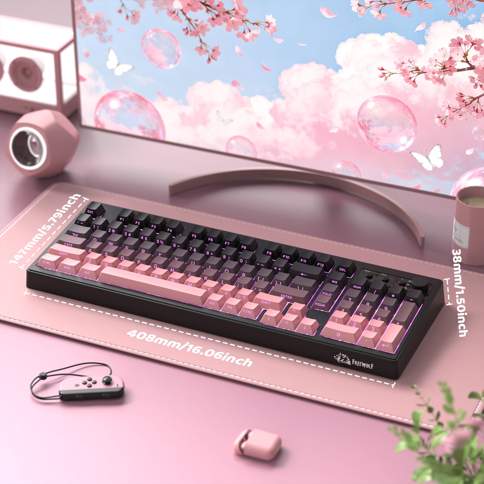Freewolf-ZIYOULANG K100 Gaming Membrane Wireless 99 Keys Tri-Mode BT/2.4GHz/USB-C Computer Keyboard with Accessories Included, Pink
