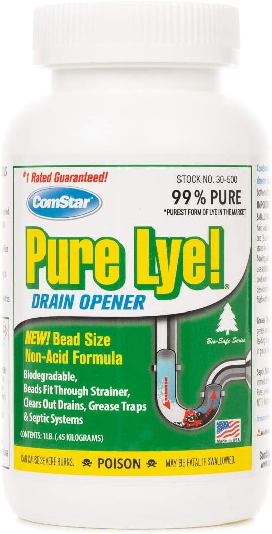 ComStar Pure Lye 1 lb - Unique Sodium Hydroxide Beads | Drain Opener & Soap Making | Biodegradable, Eco-Friendly (Pack of 12)