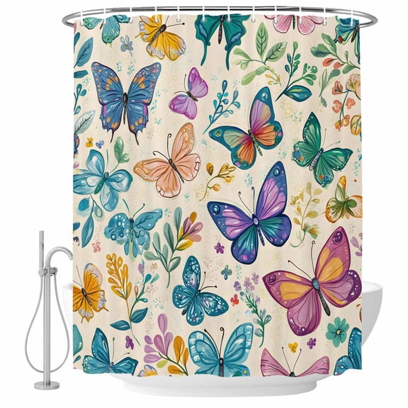Retro Butterfly Fabric Shower Curtain Watercolor Spring Washable Shower Curtains for Bathroom, Waterproof Bath Curtain with Hooks Home Decor 36x72in