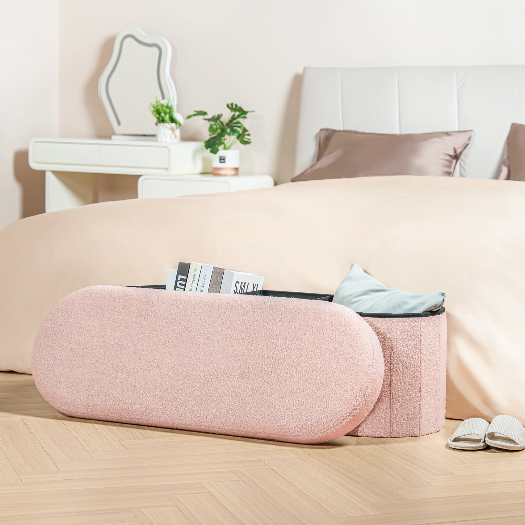 PINPLUS Storage Ottoman Bench Tufted Oval Ottoman Bench Foot Rest Velvet Bench with Storage 43" Pink