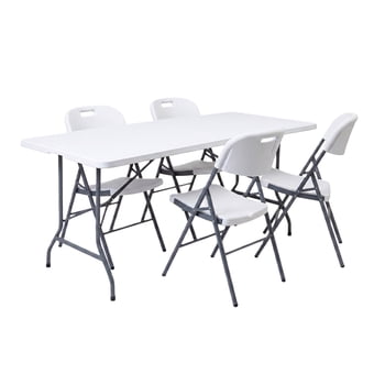 Combo Mesa Plegable Blanca 1.8 metros Tipo Portafolio con 4 Sillas Plegables Blancas Para Exterior